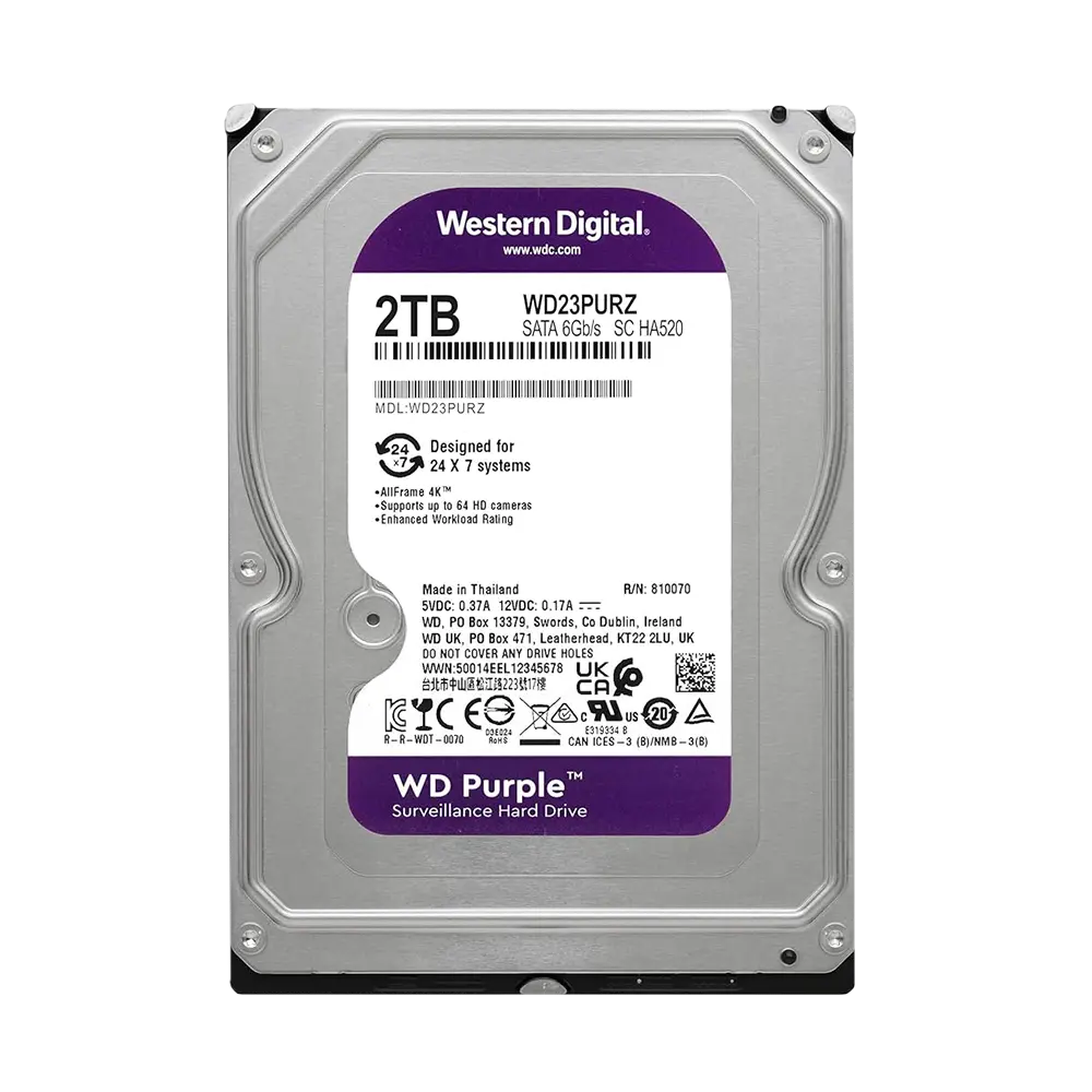 Western Digital 2TB WD Purple Surveillance Internal Hard Drive HDD – SATA 6 Gb/s, 64 MB Cache, 3.5″ – WD23PURZ