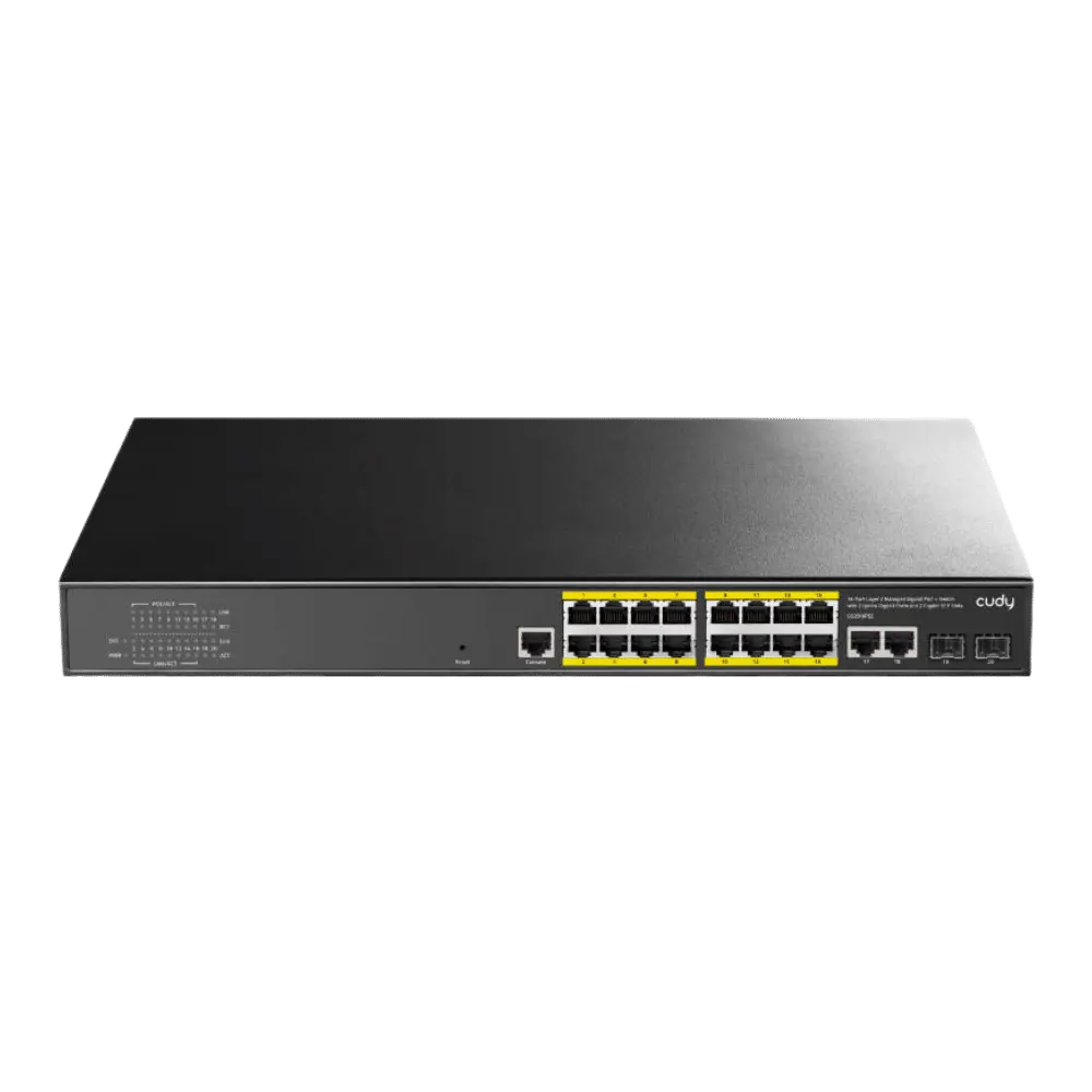 16-Port Layer 2 Managed Gigabit PoE+ Switch with 2 Uplink Gigabit Ports and 2 Gigabit SFP Slots, 200W